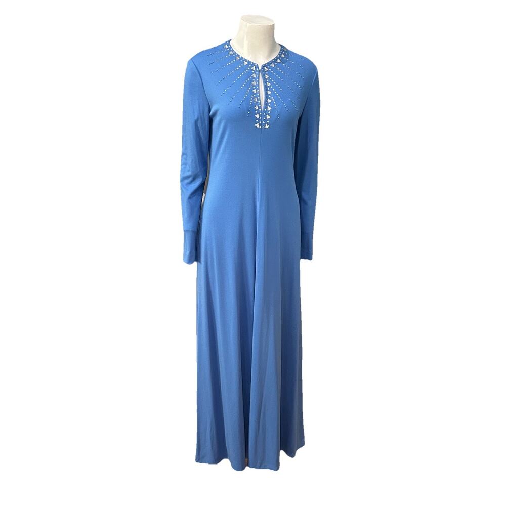 Vintage 70s Blue Rhinestone Jewel Maxi Dress Small Disco Glam As Is -
